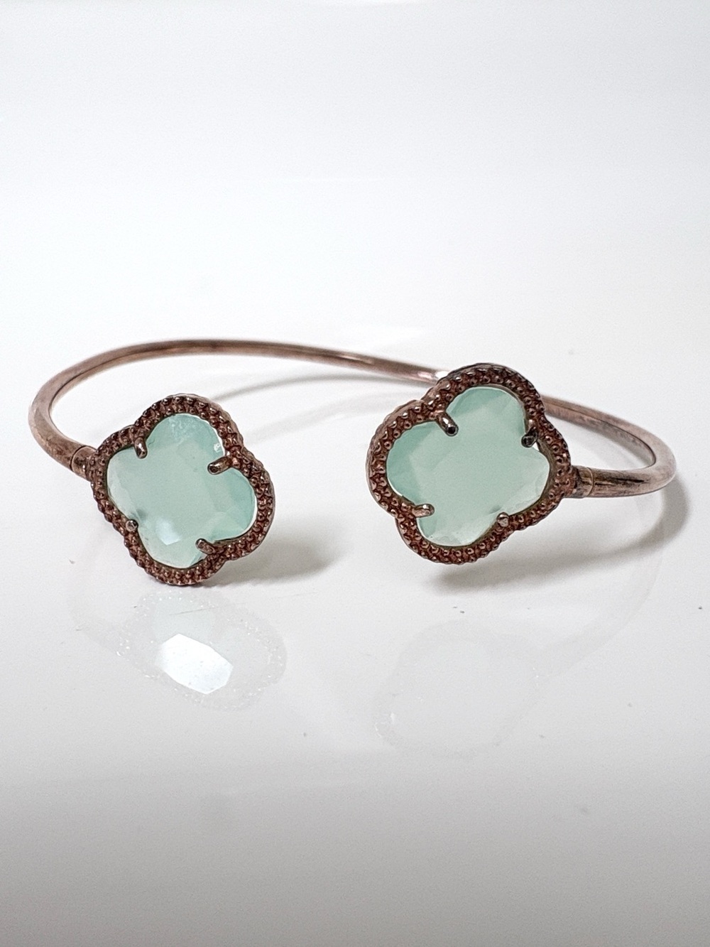 Rose Gold Mint Green Four Leaf Clover Open Cuff Bracelet Bangle Filigree OS
